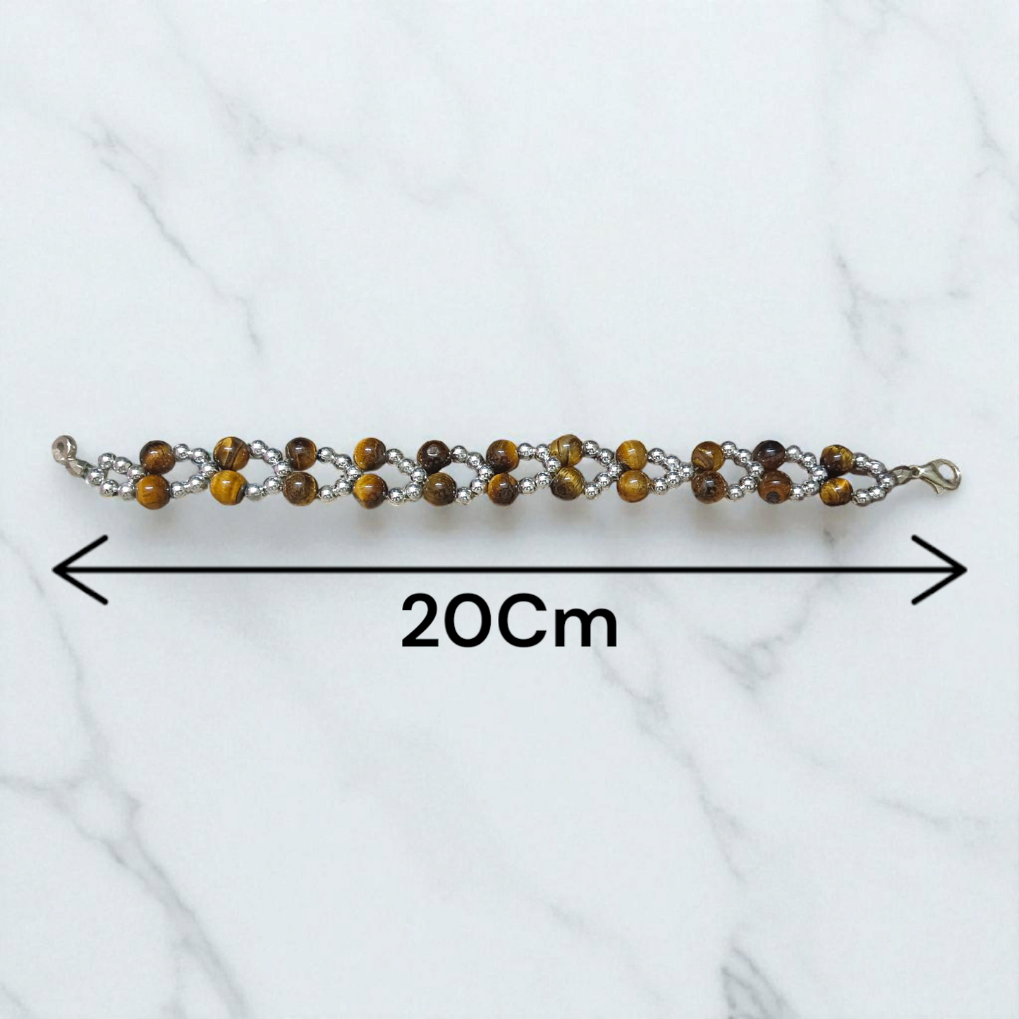Tiger Eye Bracelet made of natural 7mm lab-certified beads with golden-brown tones placed on a white background