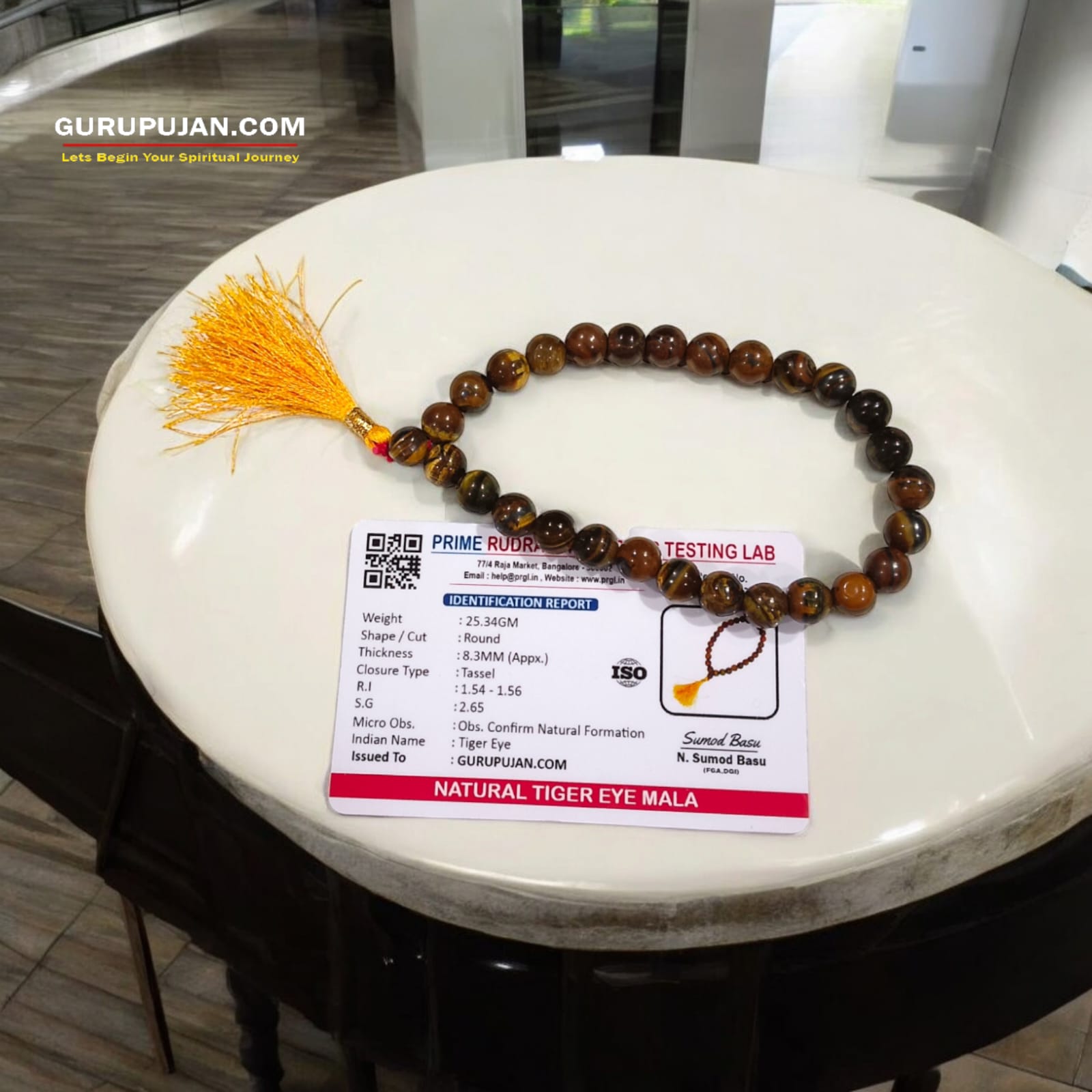 Tiger Eye Mala 27+1 beads made from natural Tiger's Eye stones, featuring 8MM beads for wrist wear, ideal for jaap and meditation practices.