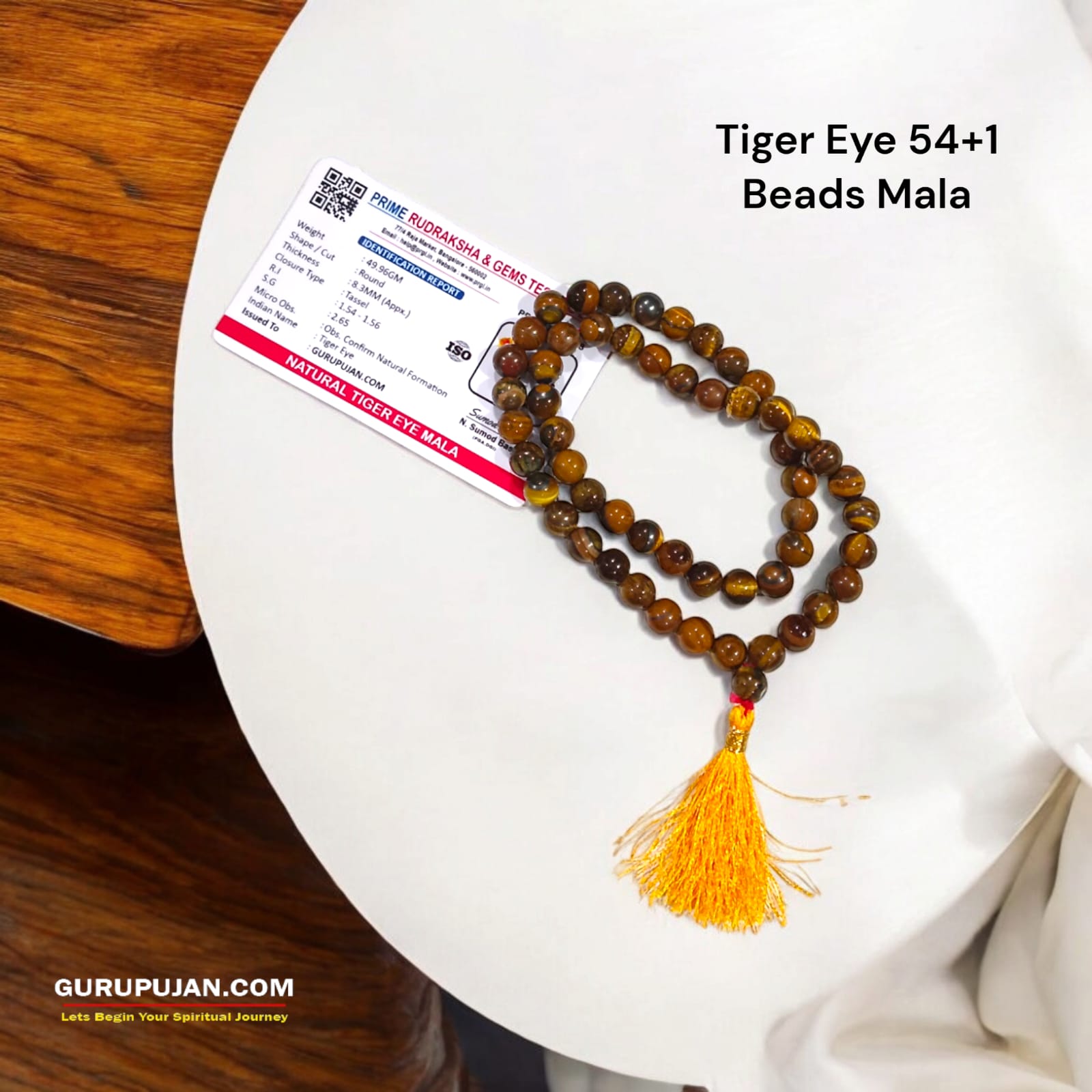 Tiger Eye Mala 54+1 beads made from natural Tiger's Eye stones, featuring 8MM beads, ideal for jaap, meditation, and daily wear.