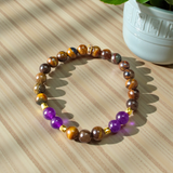 Tiger Eye and Amethyst Bracelet with 8mm polished beads on a white background, stretchable and lab certified