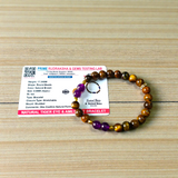 Tiger Eye and Amethyst Bracelet with 8mm polished beads on a white background, stretchable and lab certified