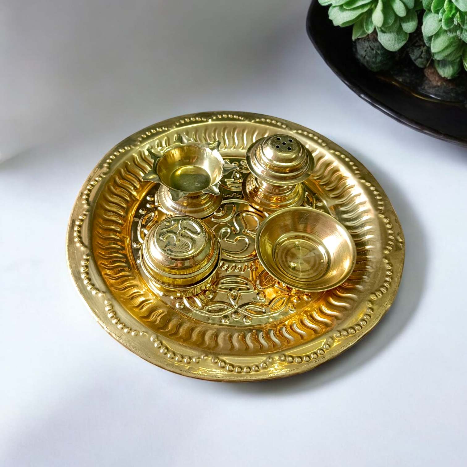 Traditional Aarti Thali for Mandir Use – Polished Metal Design with Diya and Puja Compartments