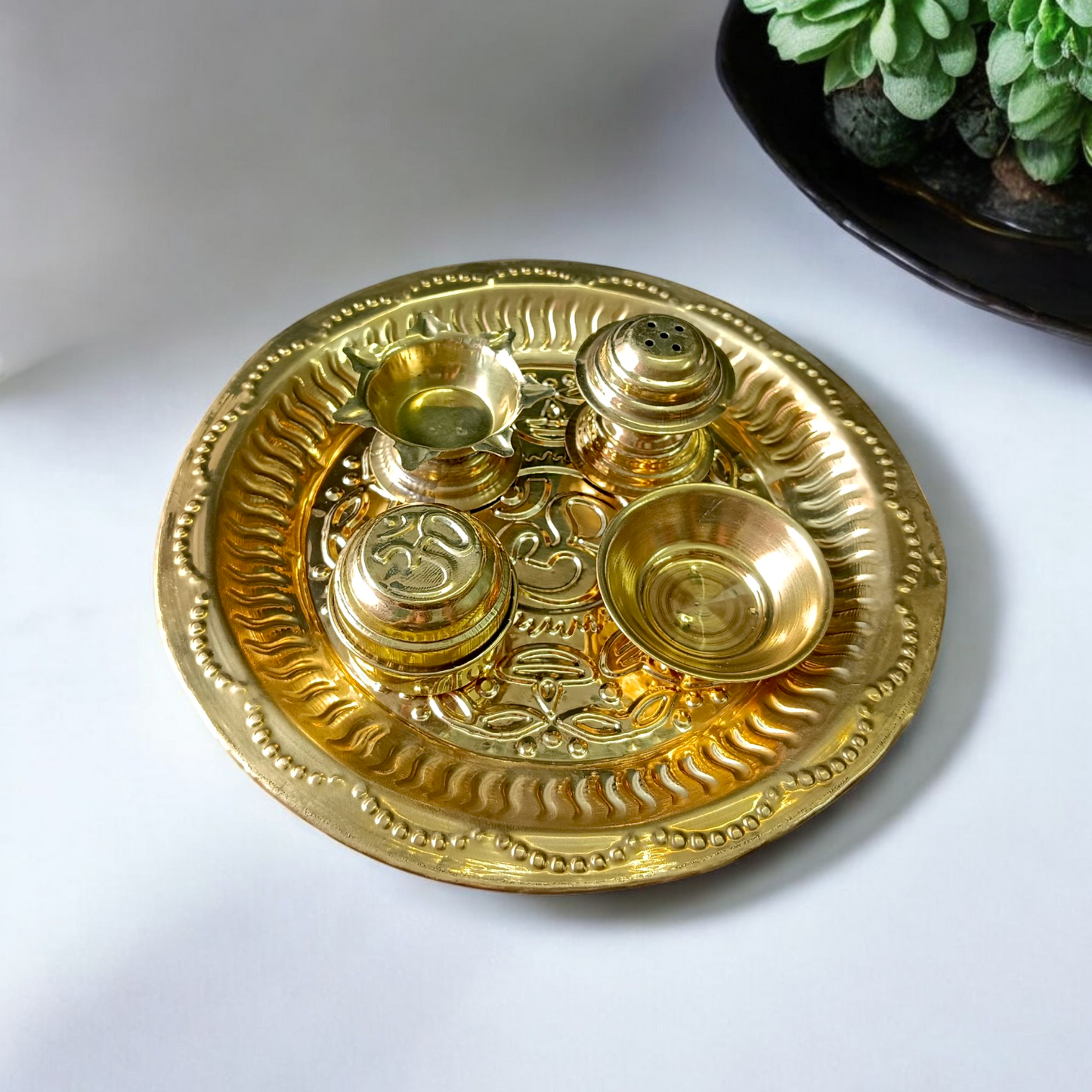Traditional Aarti Thali for Mandir Use – Polished Metal Design with Diya and Puja Compartments
