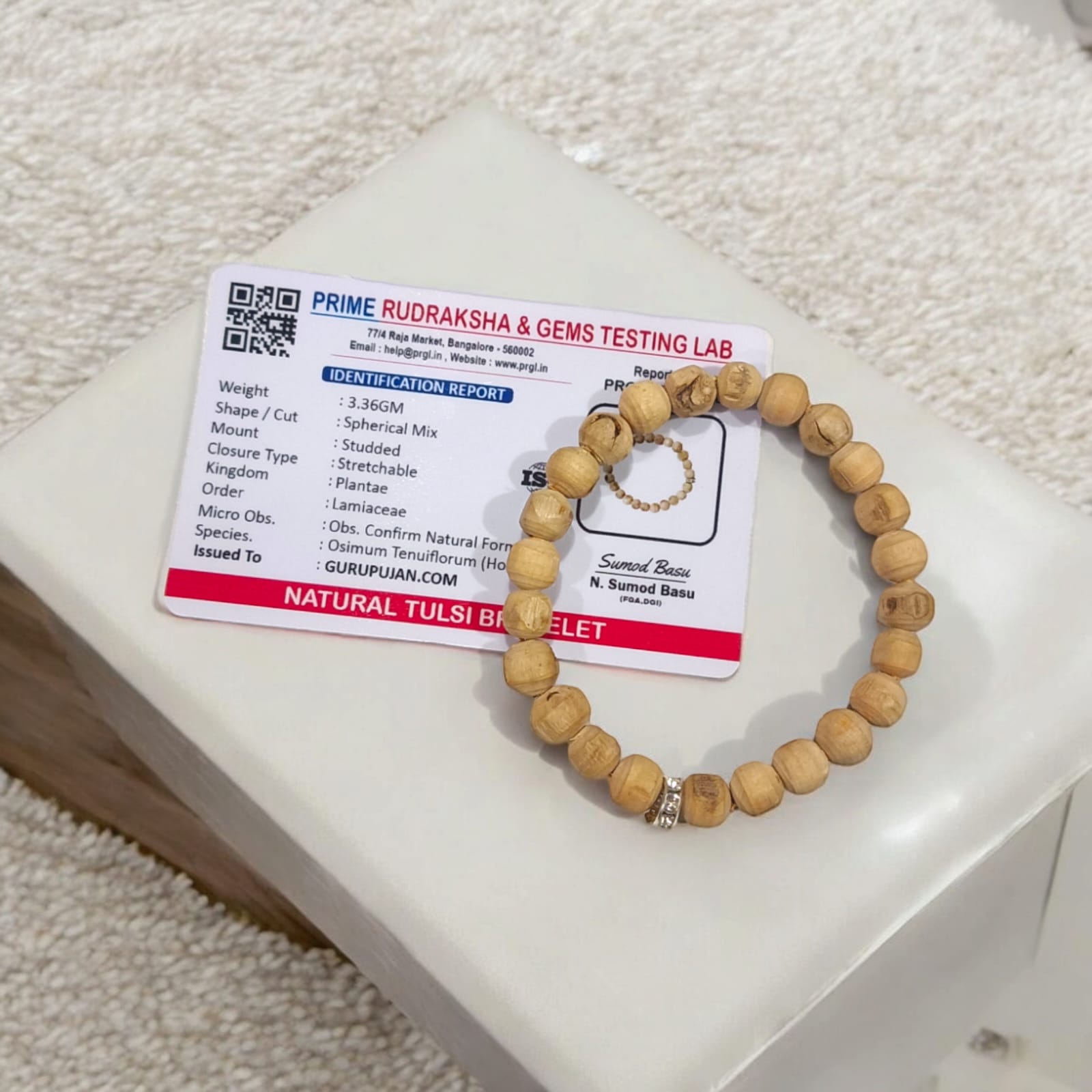 Tulsi Bracelet with 8MM natural Tulsi wood beads, stretchable design, certified for quality, enhancing spiritual growth and mental clarity.