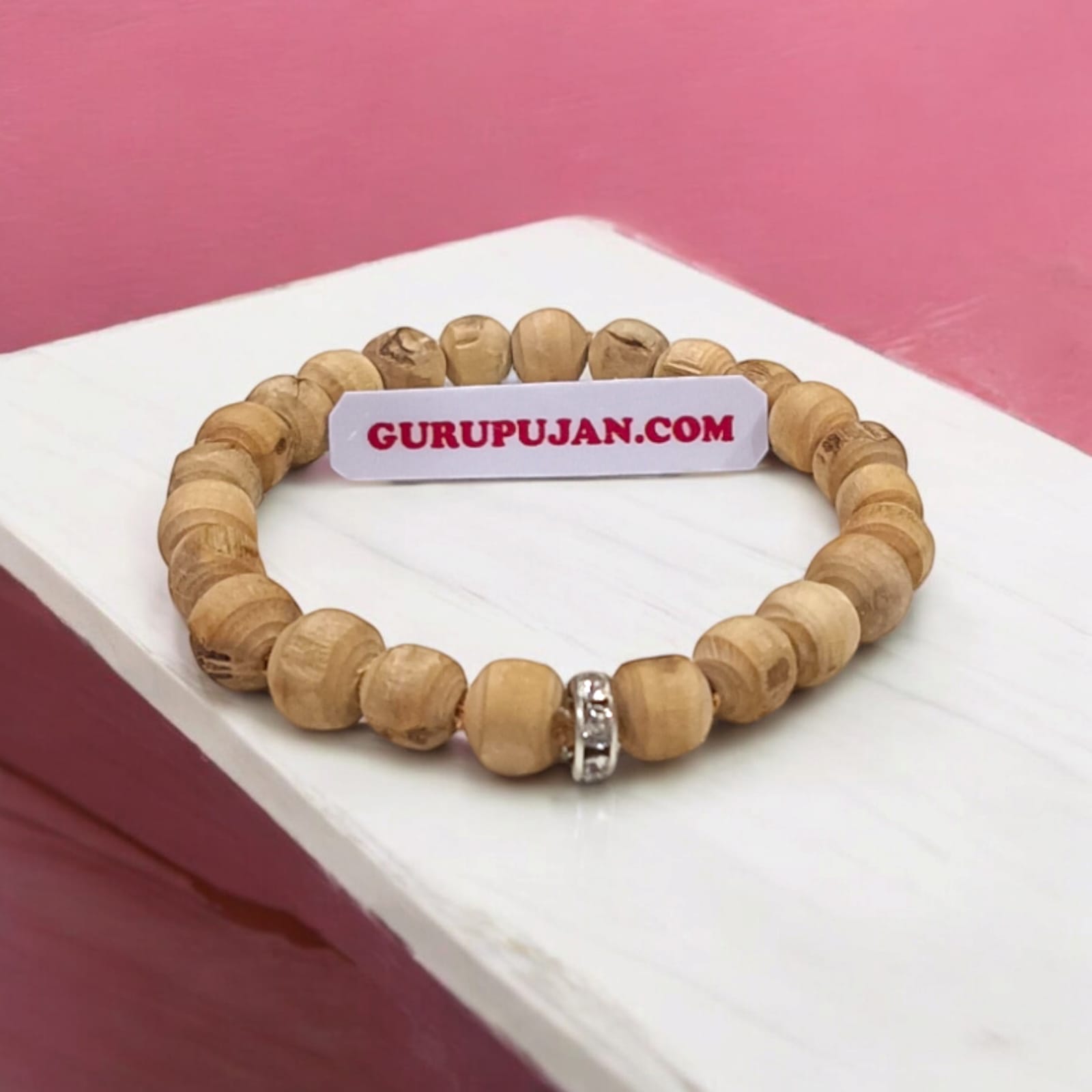 Tulsi Bracelet with 8MM natural Tulsi wood beads, stretchable design, certified for quality, enhancing spiritual growth and mental clarity.