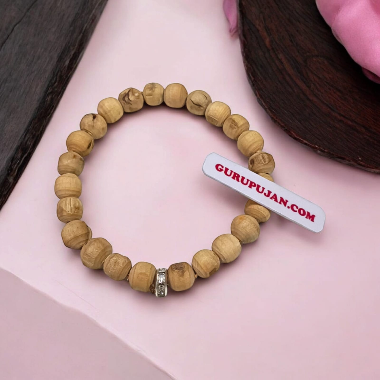 Tulsi Bracelet with 8MM natural Tulsi wood beads, stretchable design, certified for quality, enhancing spiritual growth and mental clarity.