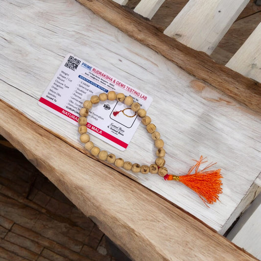 Tulsi Mala 27+1 beads made from natural Tulsi wood, featuring 8MM beads for wrist wear, ideal for jaap and spiritual meditation.