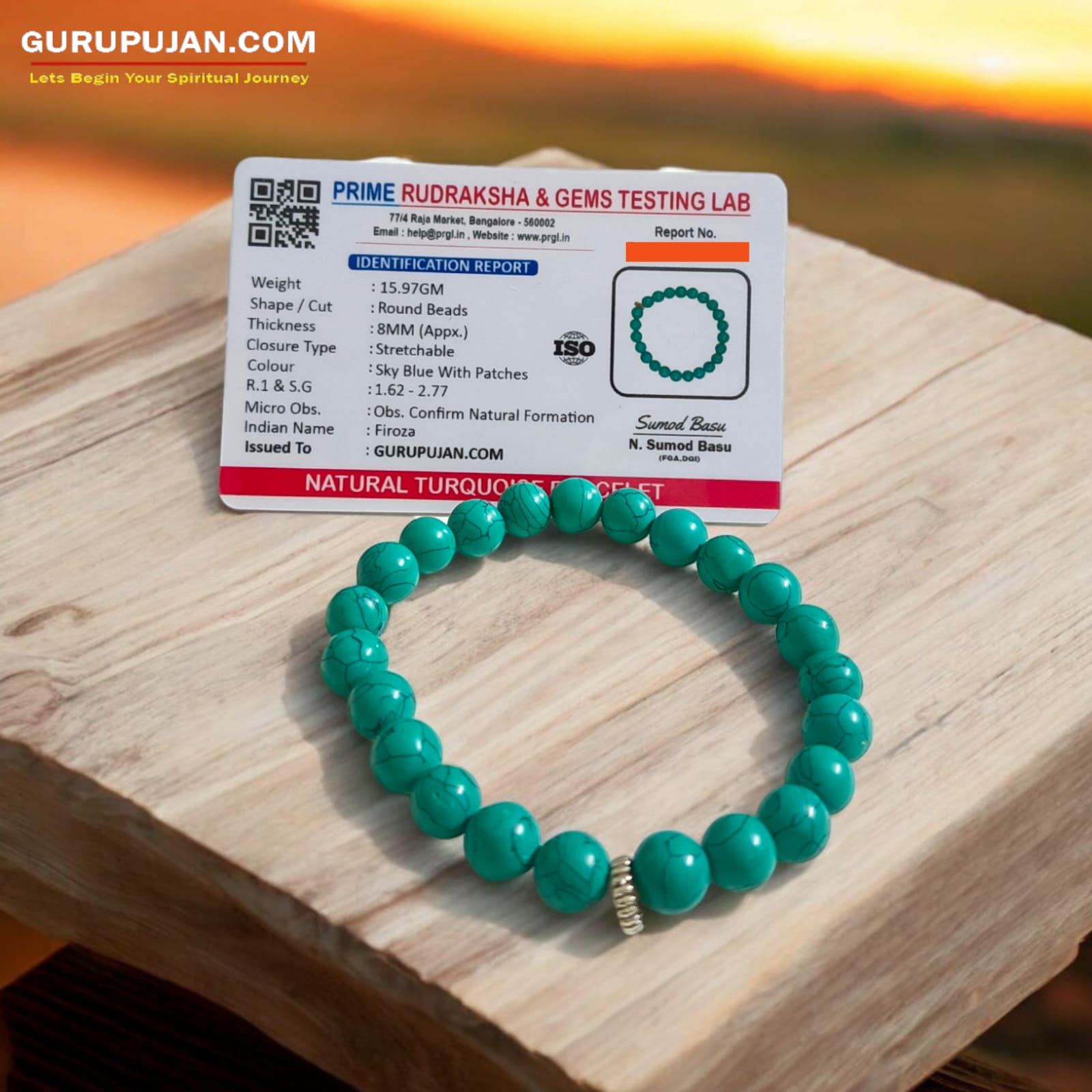 Turquoise Bracelet with smooth, 8MM natural turquoise beads, stretchable design with certificate, promoting balance, healing, and communication.
