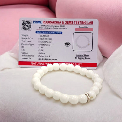 White Agate Bracelet with 8MM natural beads, lab certified, stretchable design for peace, positivity, and emotional healing.