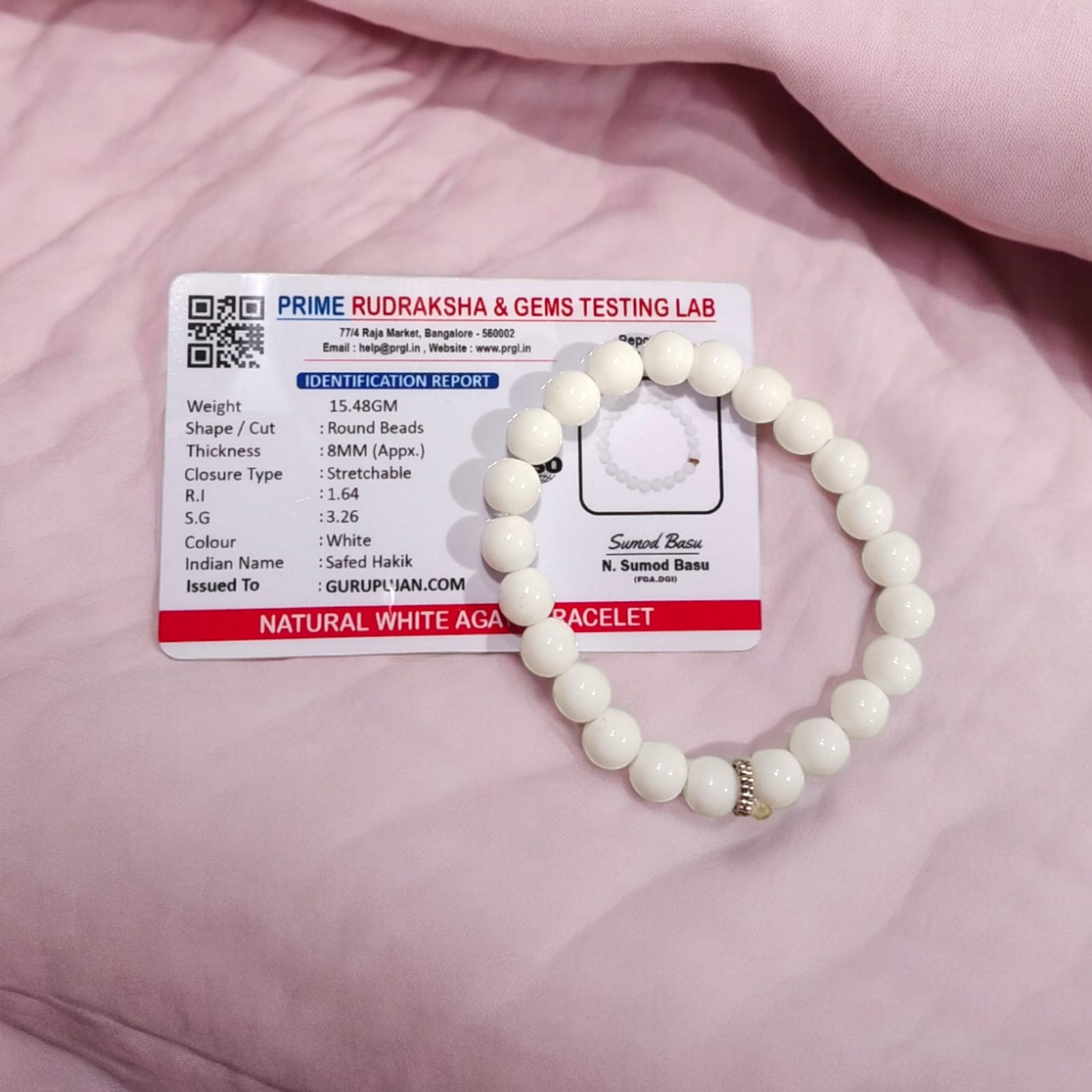 White Agate Bracelet with 8MM natural beads, lab certified, stretchable design for peace, positivity, and emotional healing.