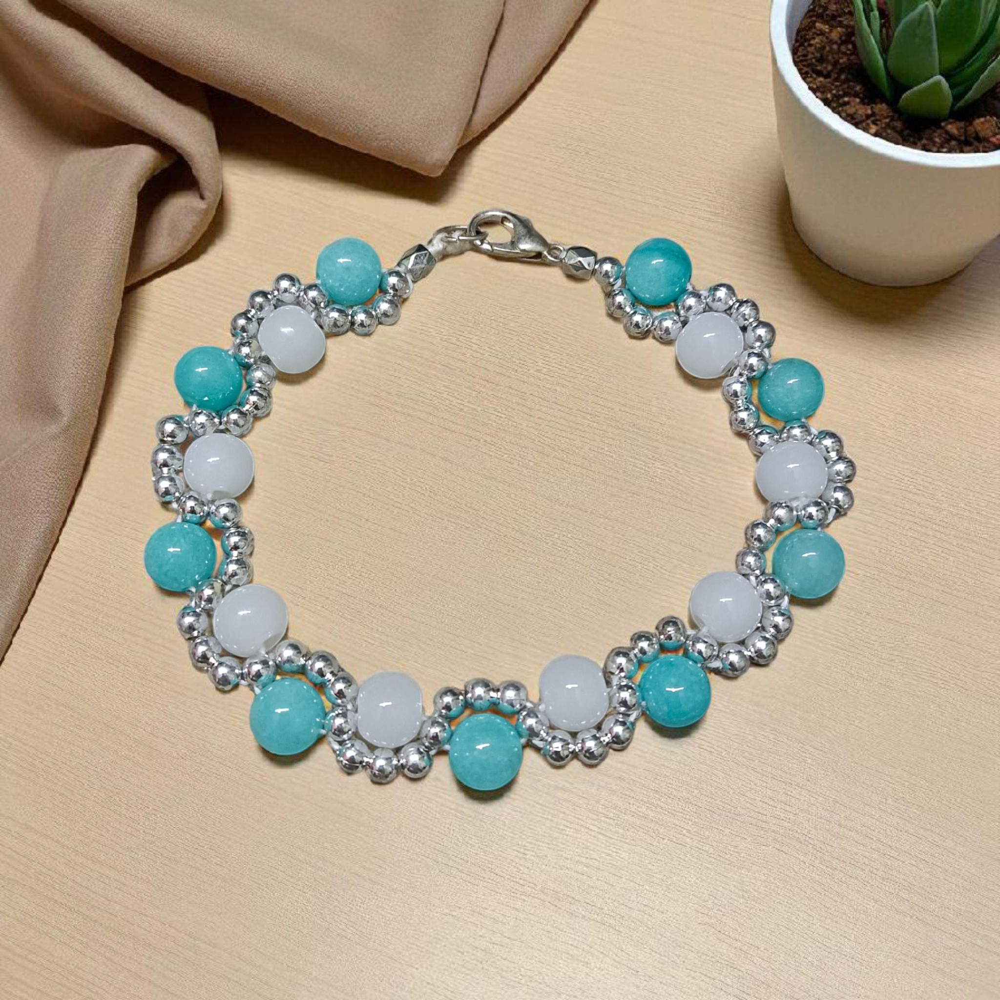 White Agate and Blue Chalcedony Bracelet | Lab Certified Genuine White Agate and Coconut Chalcedony Bracelet