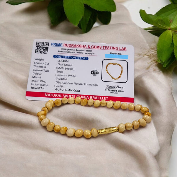 White Gunja Bracelet made from natural white Ratti beads with a secure screw lock design, Lab Certified for authenticity.