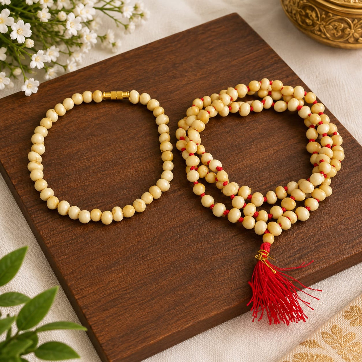 White Gunja Mala and Bracelet Combo Lab Certified for Spiritual Puja Rituals and Meditation