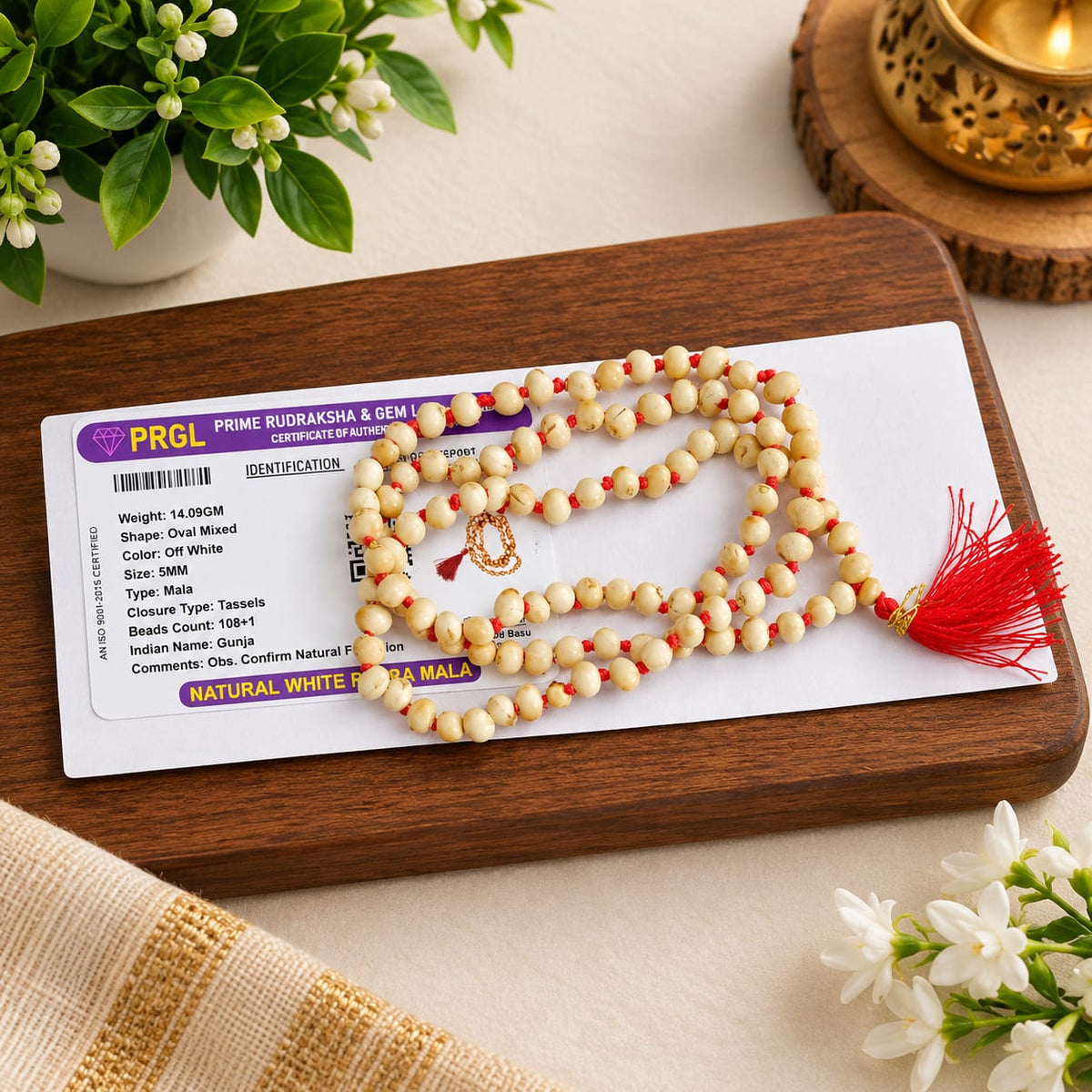 White Gunja Mala and Bracelet Combo Lab Certified for Spiritual Puja Rituals and Meditation