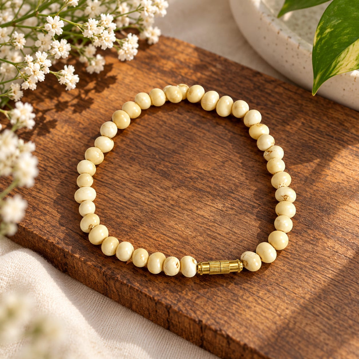 White Gunja Mala and Bracelet Combo Lab Certified for Spiritual Puja Rituals and Meditation