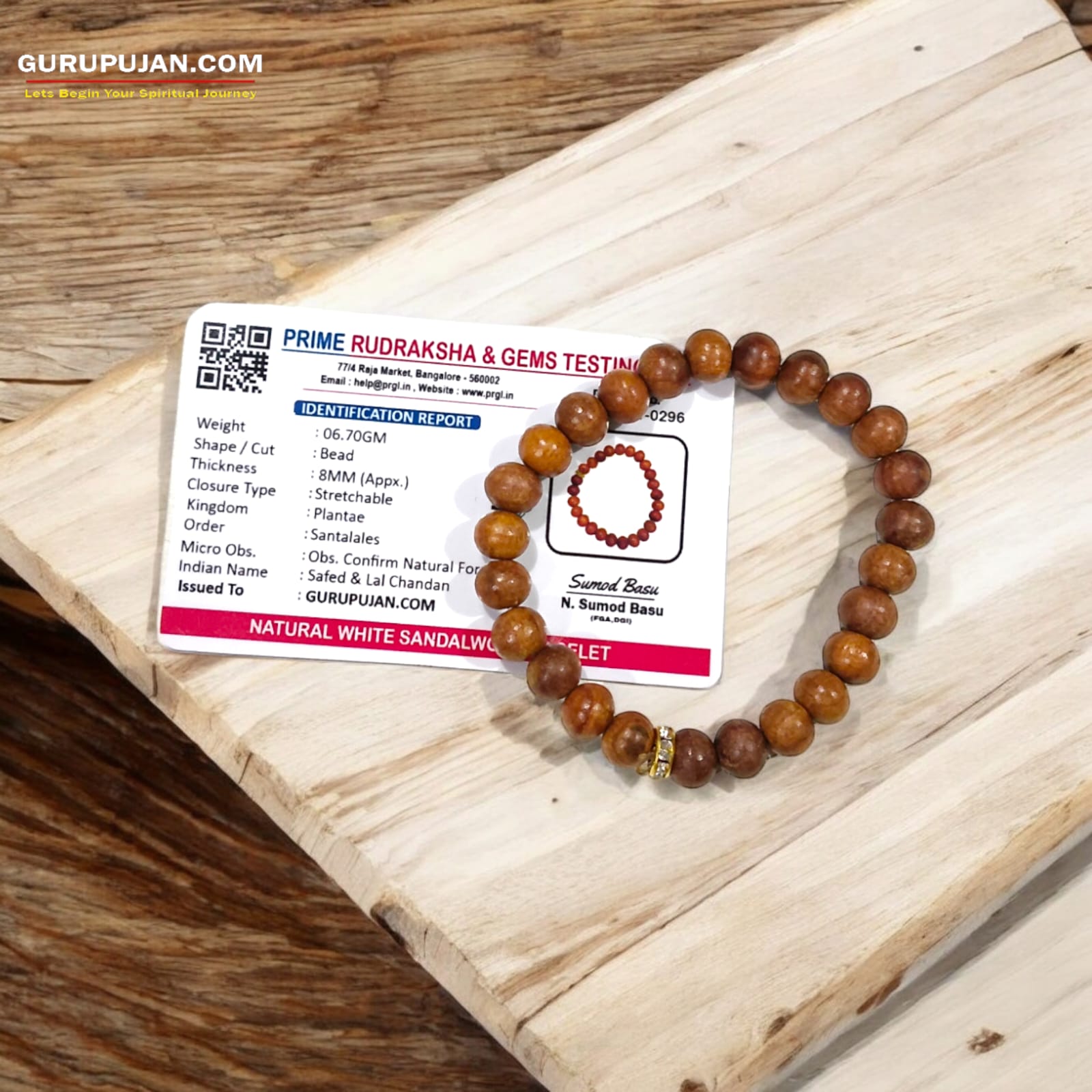 White Sandalwood (Safed Chandan) Bracelet with natural 8MM beads, lab certified, stretchable design, promoting peace, focus, and spiritual growth.