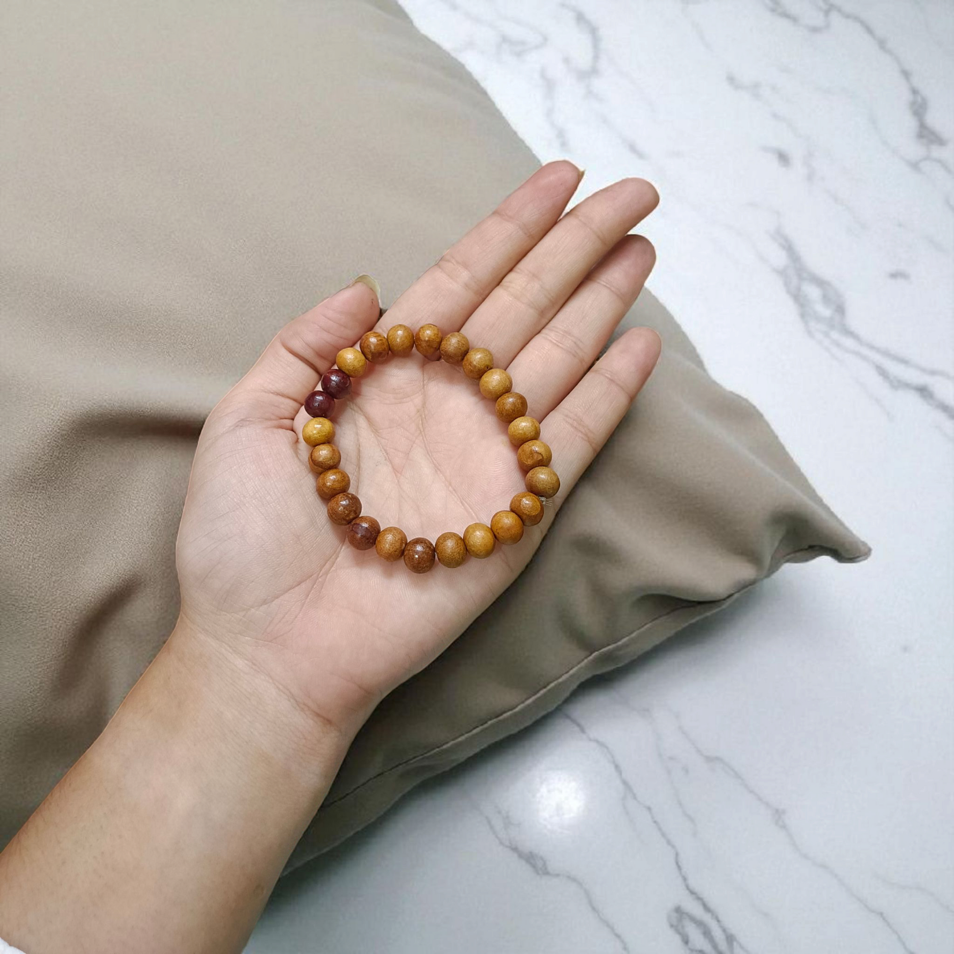 White and Red Sandalwood Beads Bracelet, 8mm Beads on Stretchable Thread, Lab Certified Spiritual Bracelet