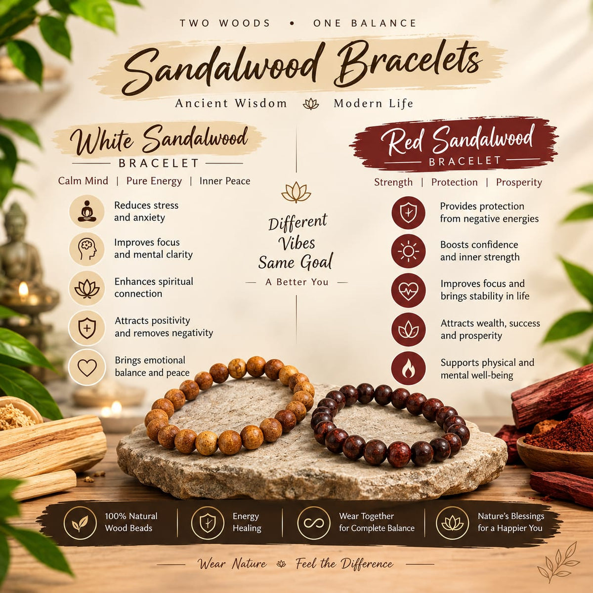 White and Red Sandalwood Bracelet Combo 8MM Lab Certified for Meditation and Daily Wear