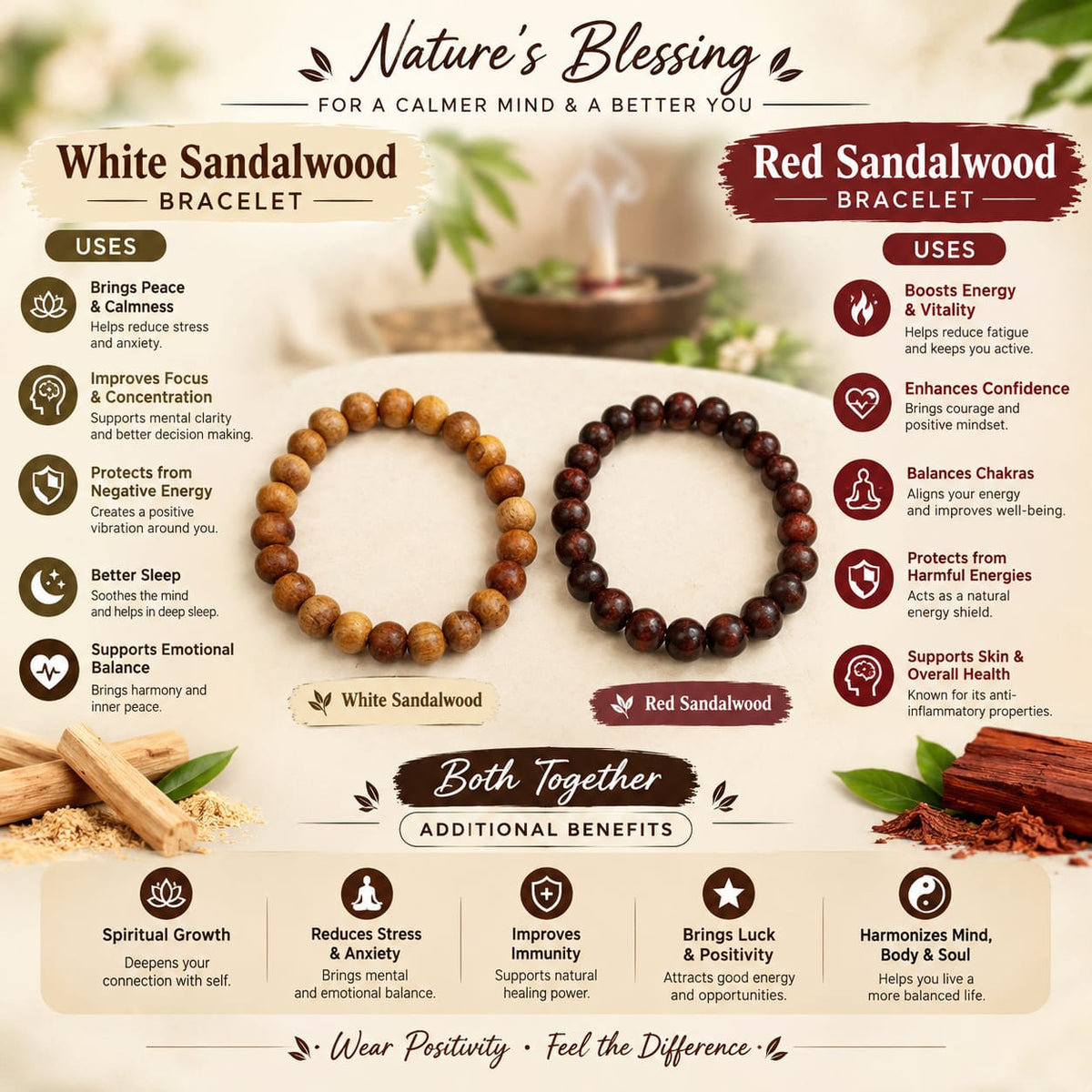 White and Red Sandalwood Bracelet Combo 8MM Lab Certified for Meditation and Daily Wear