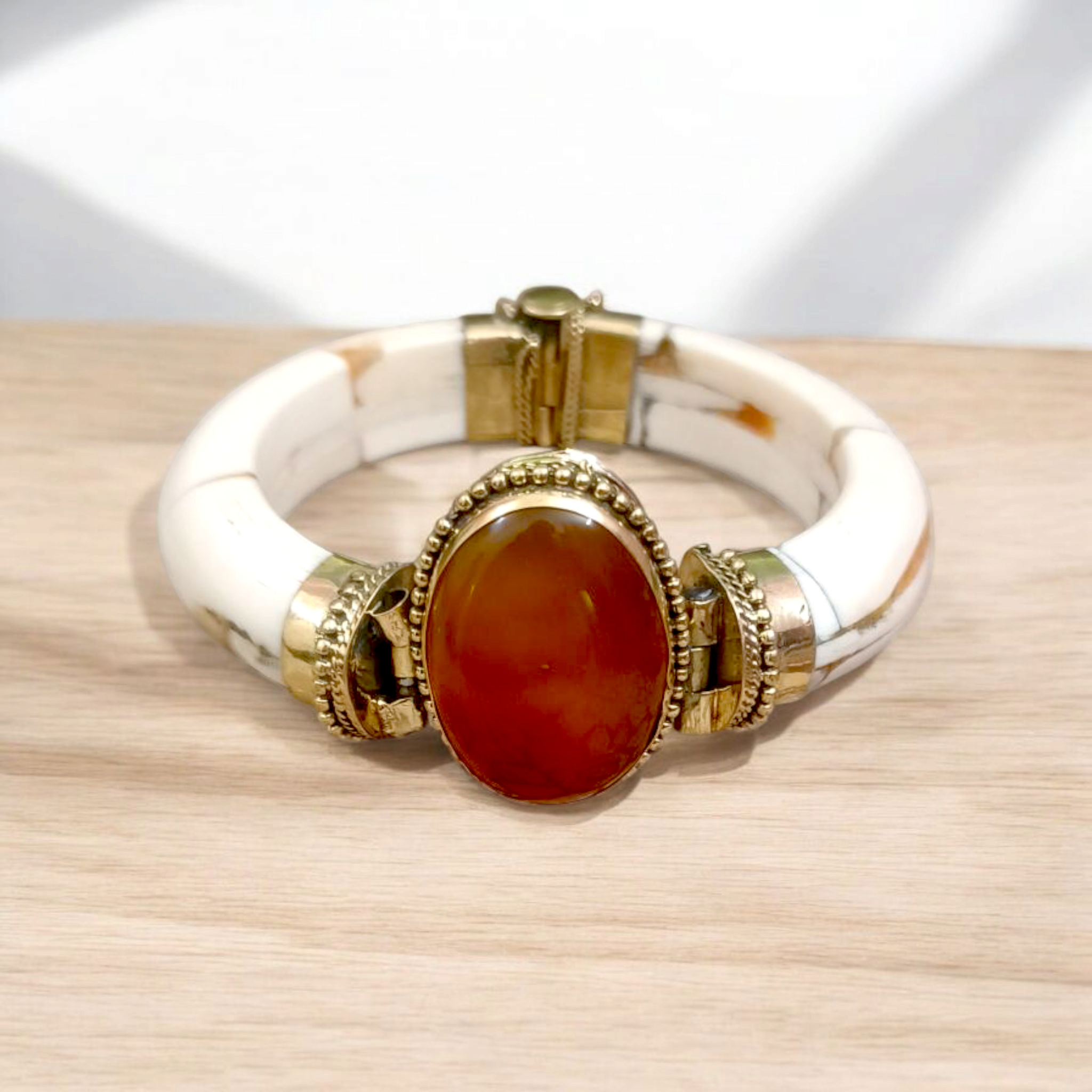 Yellow Agate Bracelet with Antique Finish, Yellow Hakik, Lab Certified, for emotional healing and self-confidence.