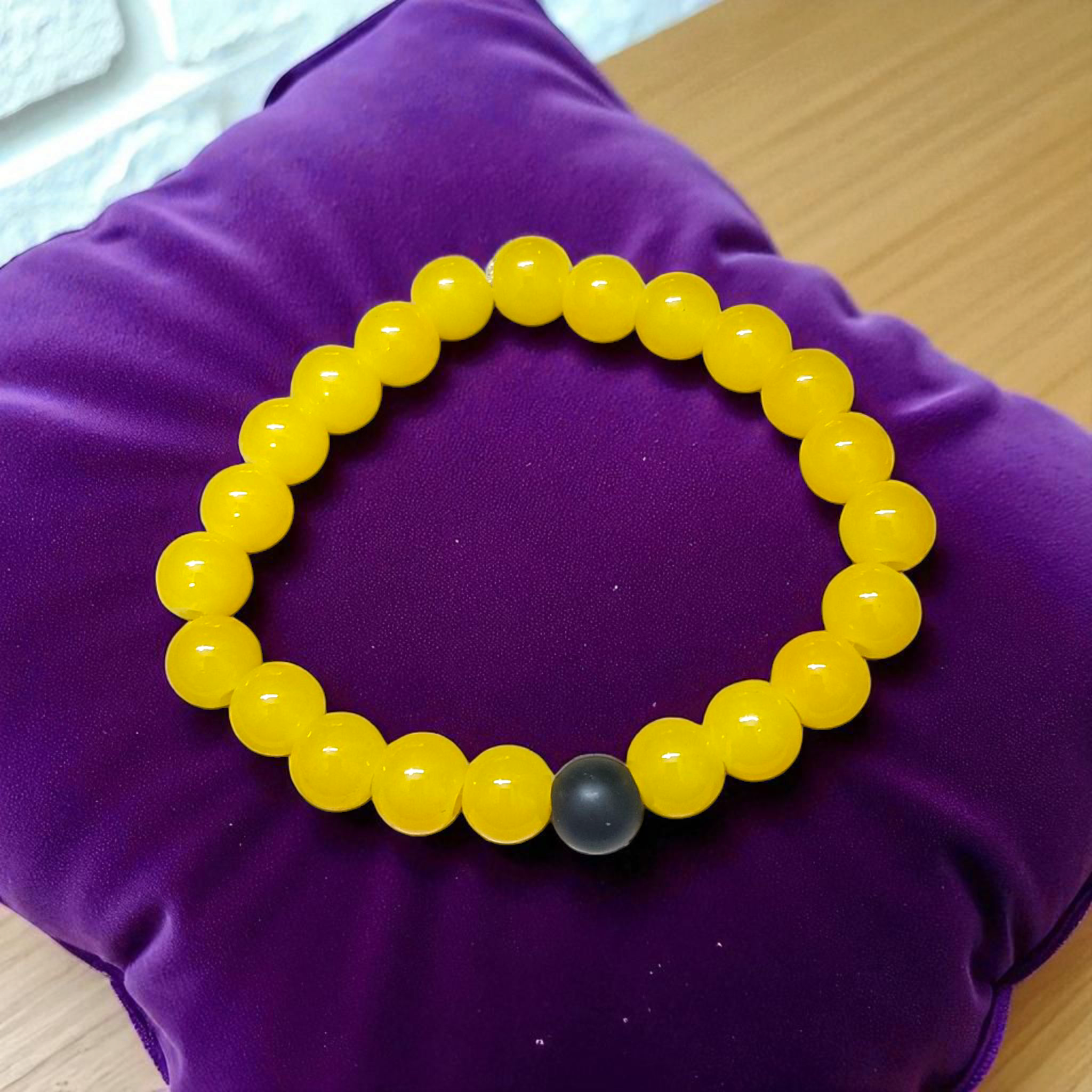 Yellow Agate (Hakik) & Ebony Wood Bracelet with 8mm Natural Beads – Stretchable & Lab Certified Spiritual Healing Jewelry