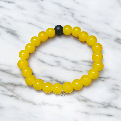 Yellow Agate (Hakik) & Ebony Wood Bracelet with 8mm Natural Beads – Stretchable & Lab Certified Spiritual Healing Jewelry