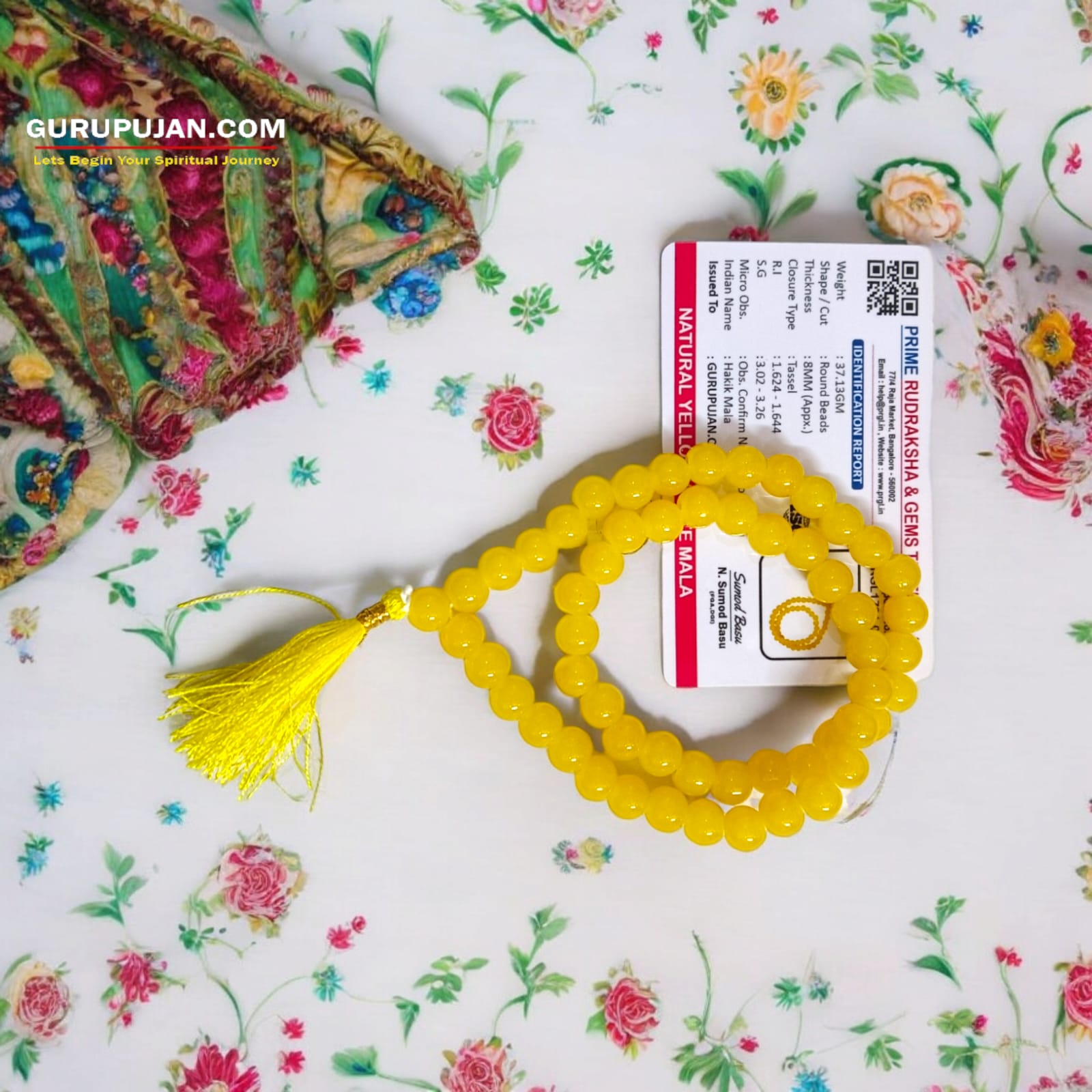 Yellow Agate Mala 54+1 beads, also called Peeli Hakik ki Mala, featuring 8MM beads, lab certified, ideal for jaap, meditation, and daily wear.