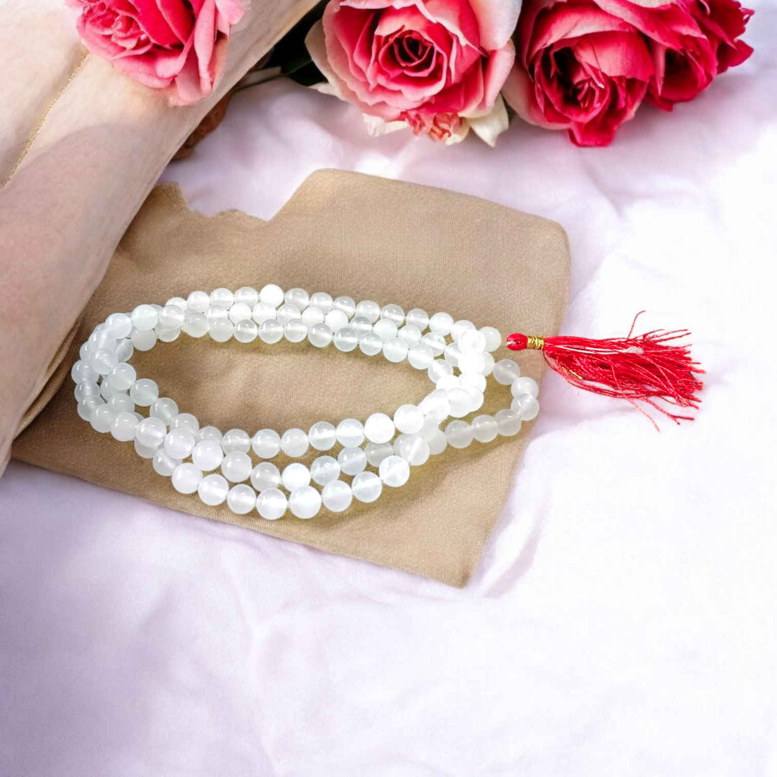 mage showing a Combo of 4 Jaap Malas (Rudraksha, Sphatik, Red &amp; White Chandan) placed neatly with 108+1 beads in each, ideal for meditation and chanting